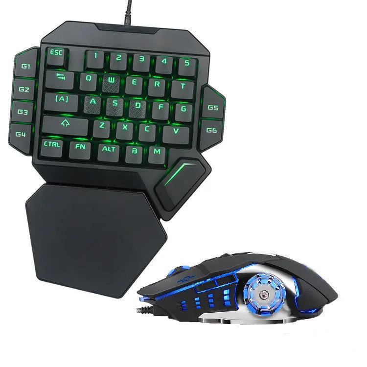 One-handed wired mechanical gaming keyboard with green axis switches, 35 keys, USB cable, and hand rest