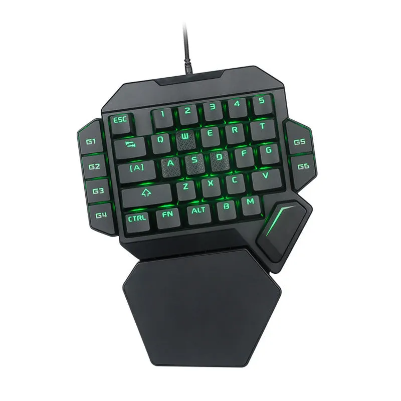 One-handed wired mechanical gaming keyboard with green axis switches, 35 keys, USB cable, and hand rest