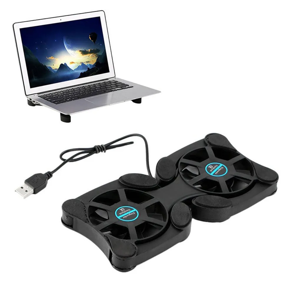 Portable folding black laptop cooling pad with dual 70mm fans and anti-slip surface