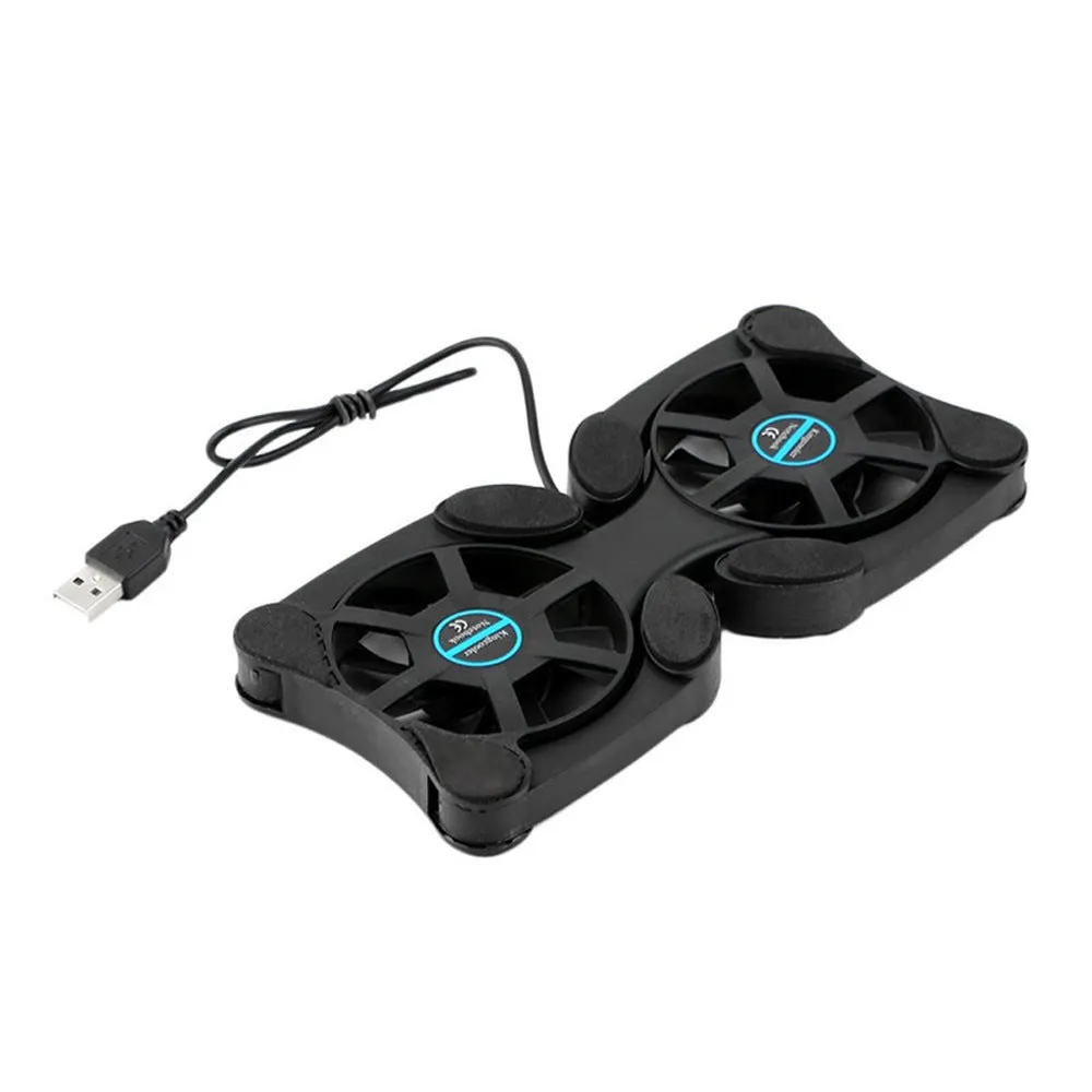 Portable folding black laptop cooling pad with dual 70mm fans and anti-slip surface
