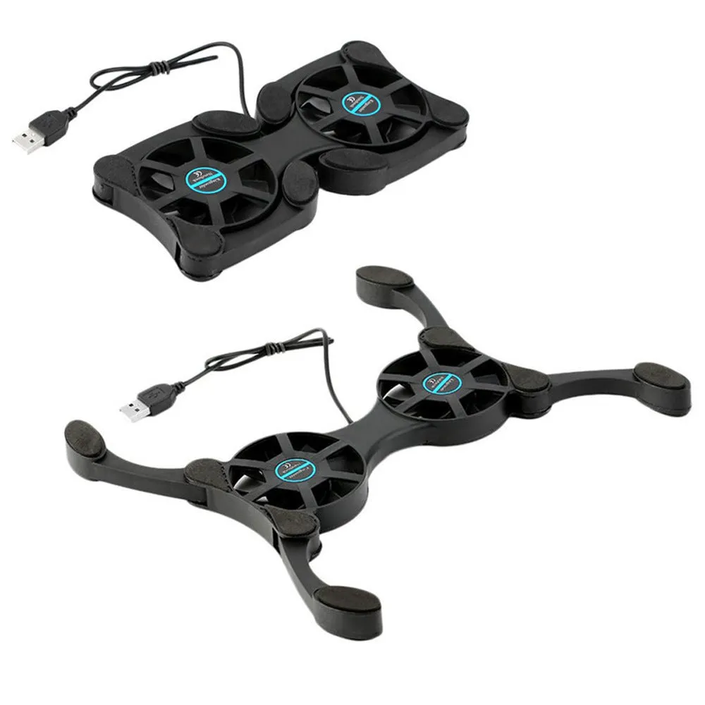 Portable folding black laptop cooling pad with dual 70mm fans and anti-slip surface