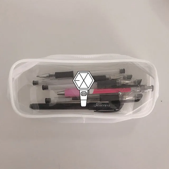 Transparent silicone pencil case with Kpop light stick design showing pens inside