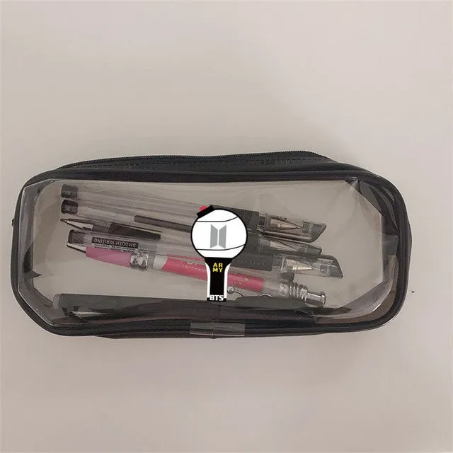 Transparent silicone pencil case with Kpop light stick design showing pens inside