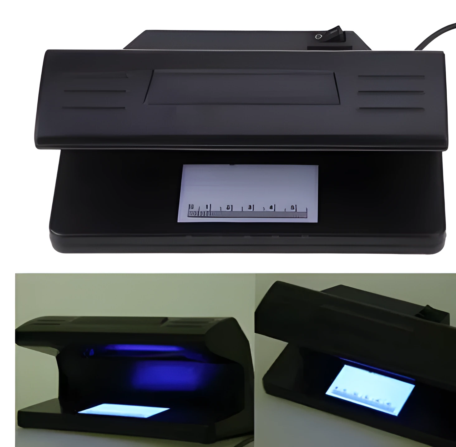 EU Plug 4W UV Light Money Detector Checker in black, size 183 x 82 x 90mm, with ON/OFF switch and EU plug.