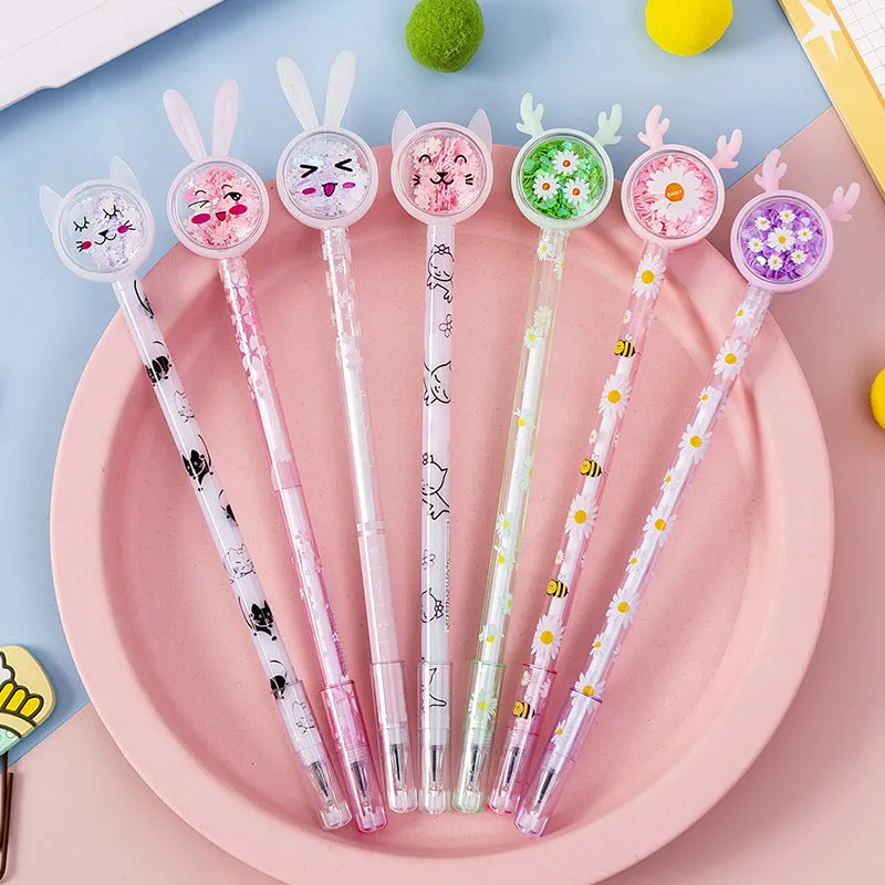 Cute tutu sequin gel pen with black ink and 0.5mm tip on a wooden desk