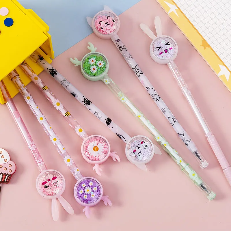 Cute tutu sequin gel pen with black ink and 0.5mm tip on a wooden desk