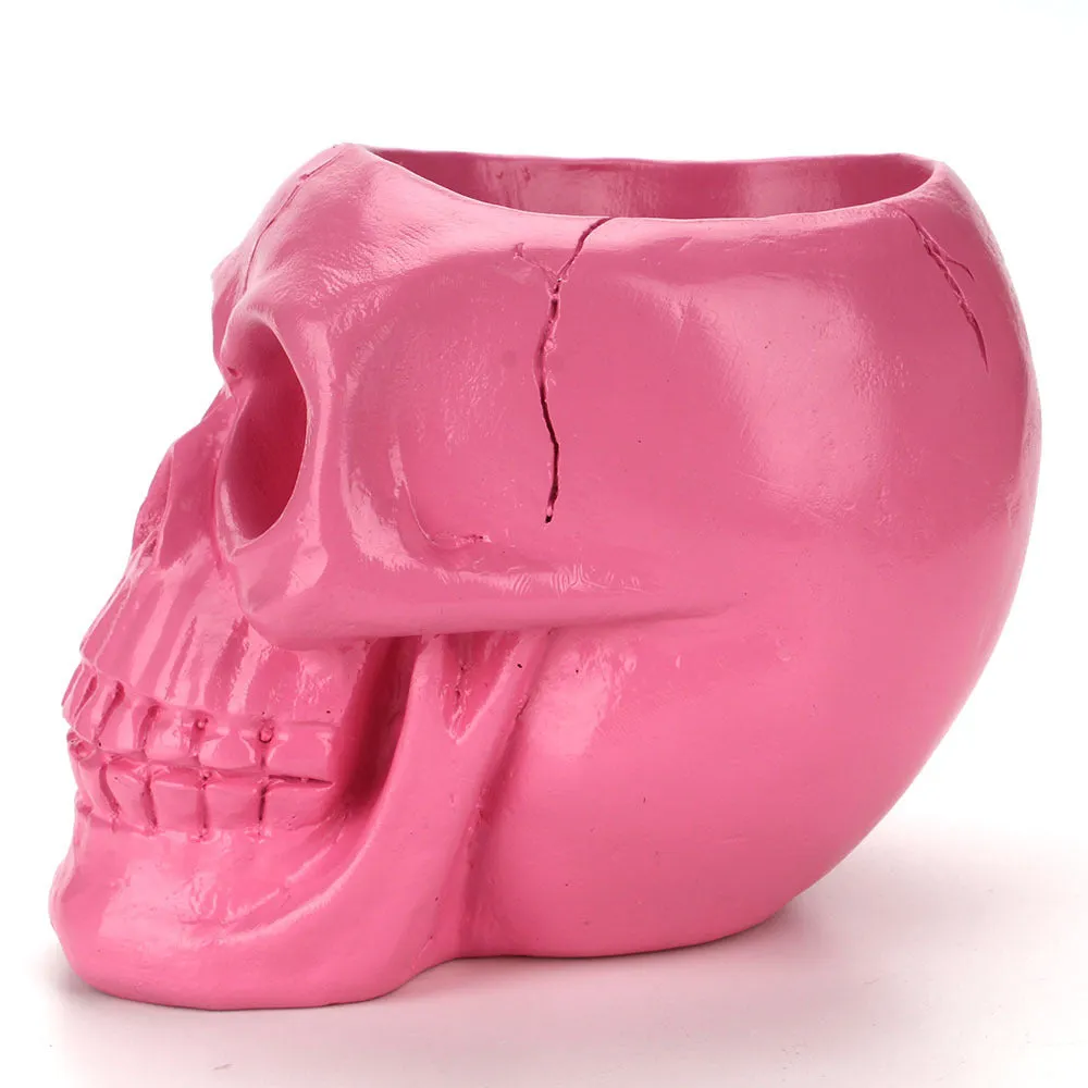 Black skull head resin storage tube with open top, 350ml capacity, for beauty tools or stationery