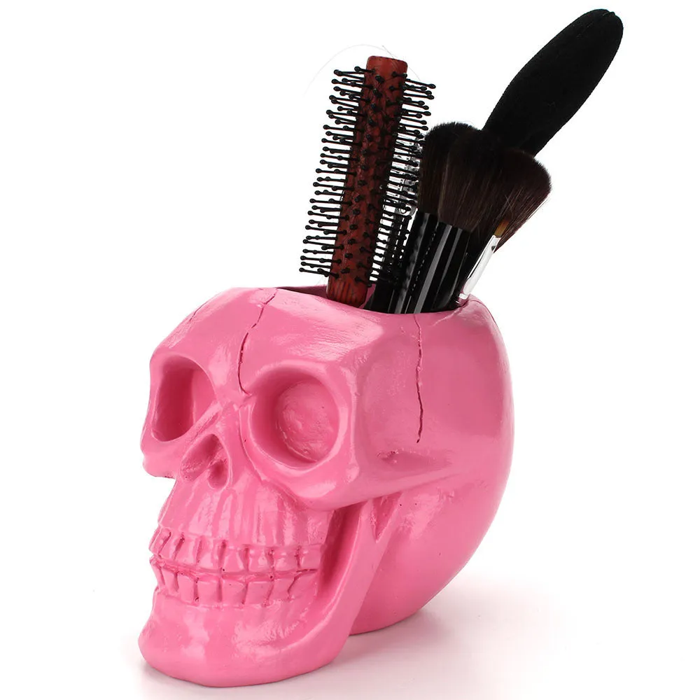 Black skull head resin storage tube with open top, 350ml capacity, for beauty tools or stationery