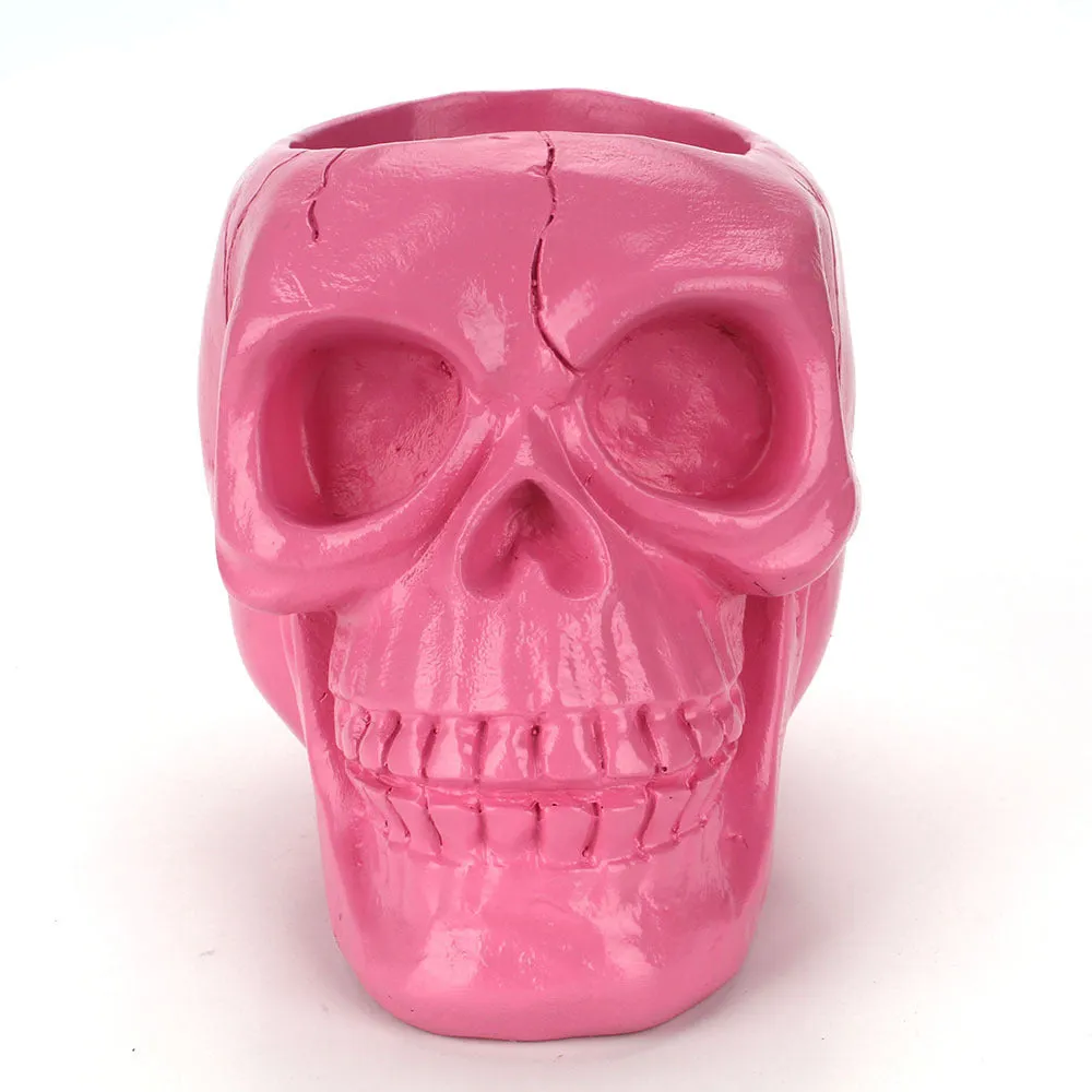 Black skull head resin storage tube with open top, 350ml capacity, for beauty tools or stationery