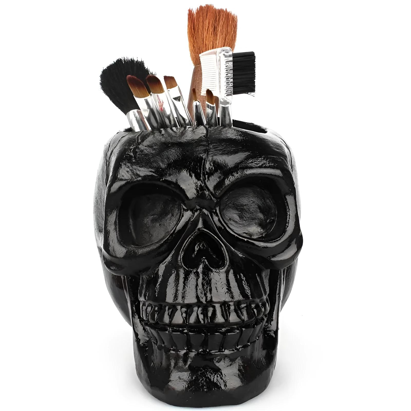 Black skull head resin storage tube with open top, 350ml capacity, for beauty tools or stationery