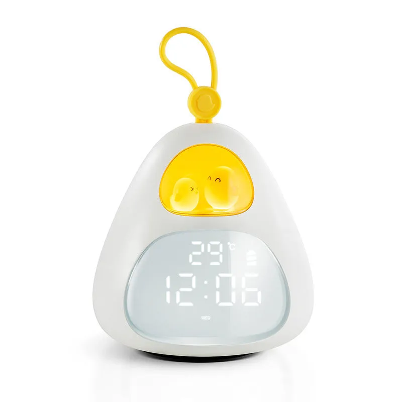 Cartoon triangle alarm clock in white with single-sided lazy personality print for student bedroom use.