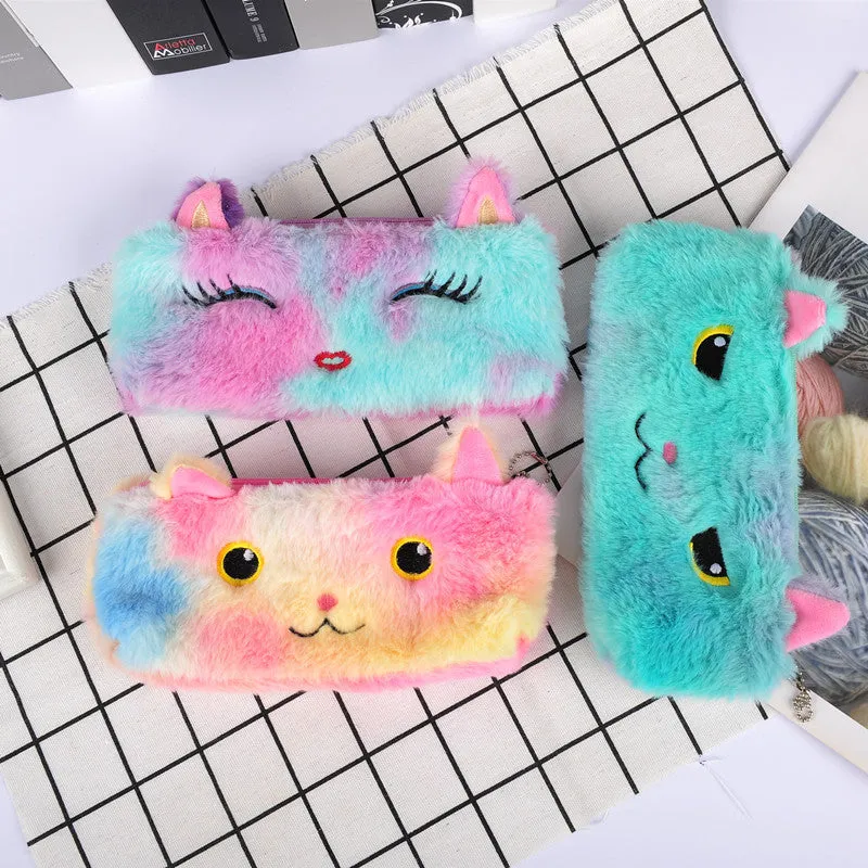 Laser colour plush pencil case with cartoon squinting face design, 21x9cm, on a plain background
