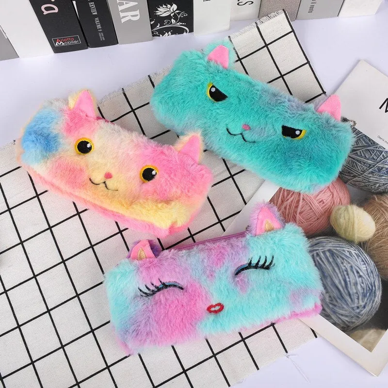 Laser colour plush pencil case with cartoon squinting face design, 21x9cm, on a plain background