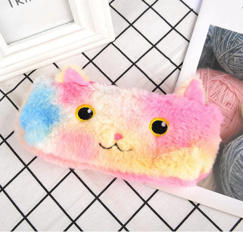 Laser colour plush pencil case with cartoon squinting face design, 21x9cm, on a plain background