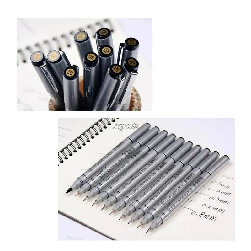 Set of 10 black fine liner drawing pens with tip sizes from 0.05mm to 2.0mm on white background