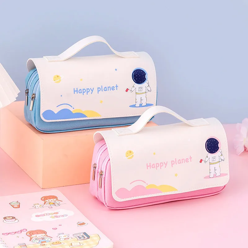 Large-capacity canvas pencil case with hand-painted cartoon pattern, flip-open design, 21x10cm size, available in blue colour