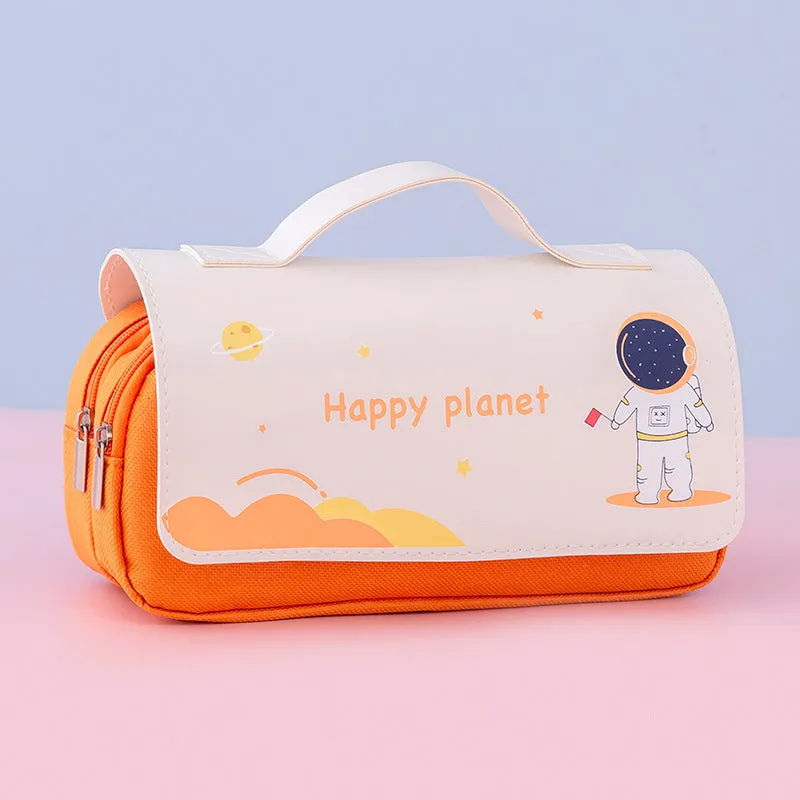 Large-capacity canvas pencil case with hand-painted cartoon pattern, flip-open design, 21x10cm size, available in blue colour