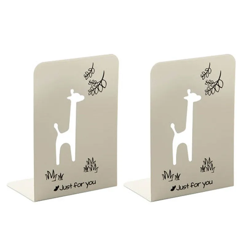 Set of two iron hollow L-shaped bookends in beige on a desktop holding books upright
