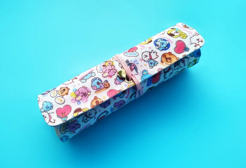 Student canvas stationery bag with BT21 full colour print, 19.5x29cm, open showing pens inside
