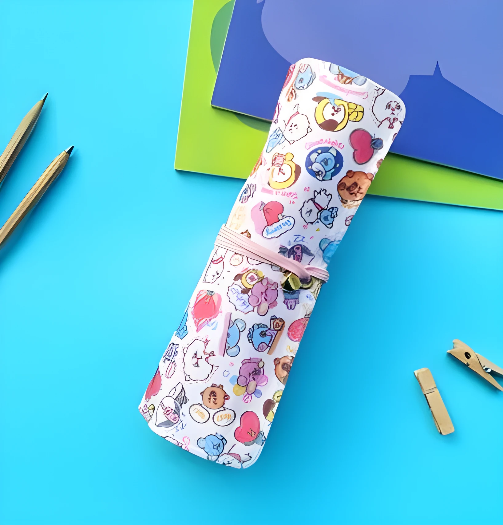 Student canvas stationery bag with BT21 full colour print, 19.5x29cm, open showing pens inside