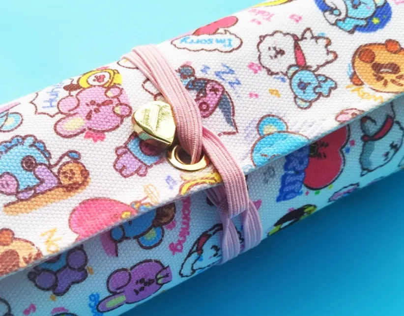 Student canvas stationery bag with BT21 full colour print, 19.5x29cm, open showing pens inside