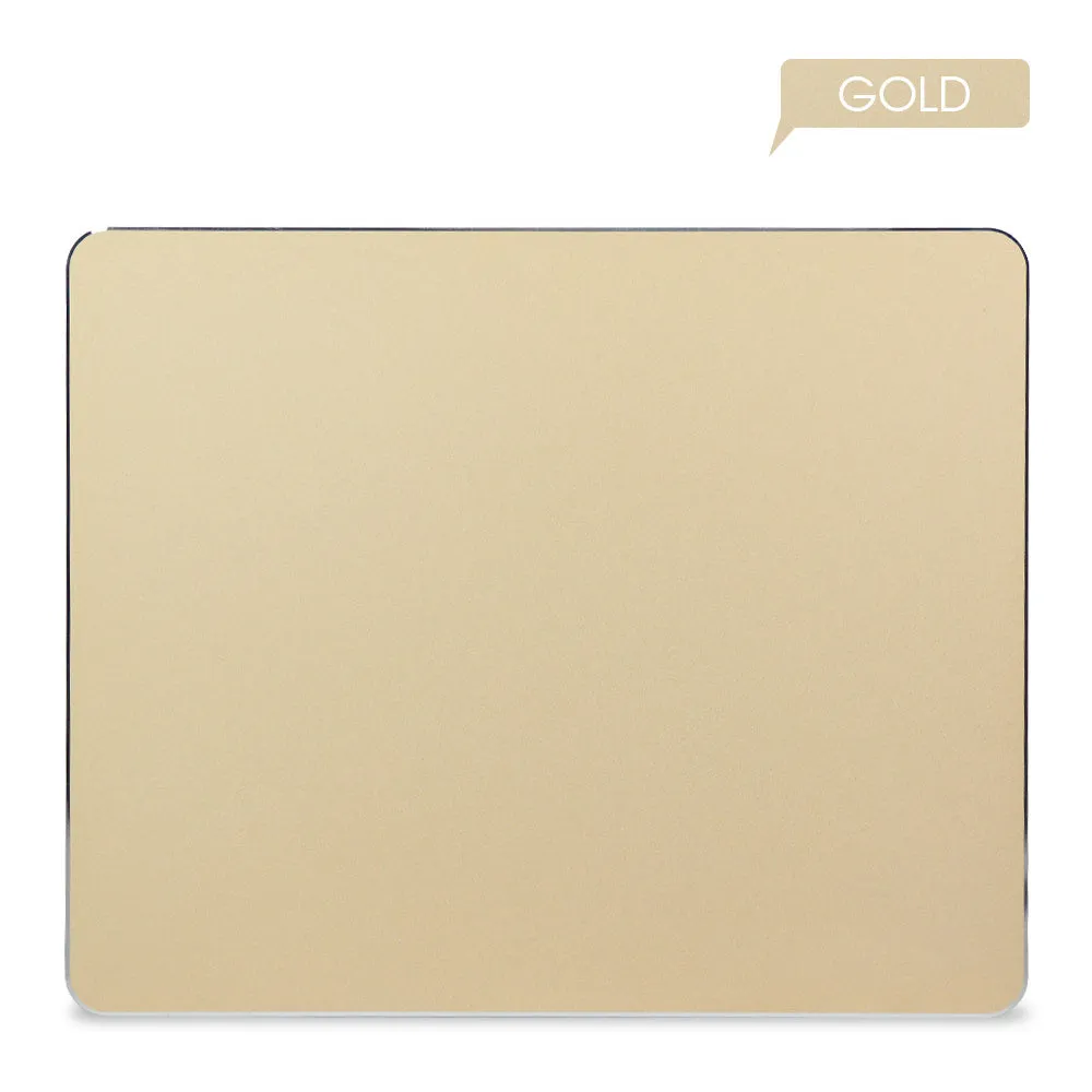 Aluminium alloy double-sided mouse pad in black with wrist support, 300x240mm size, flat on desk