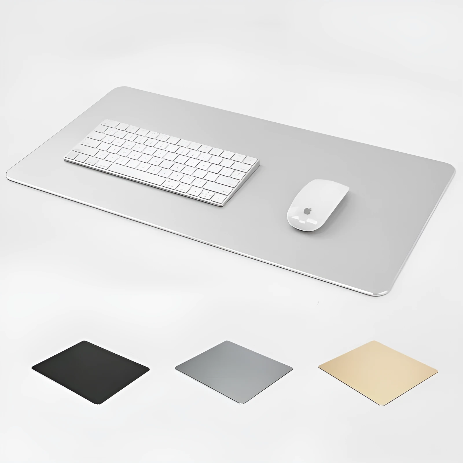Aluminium alloy double-sided mouse pad in black with wrist support, 300x240mm size, flat on desk