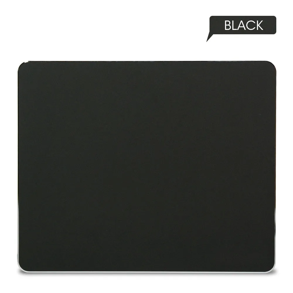 Aluminium alloy double-sided mouse pad in black with wrist support, 300x240mm size, flat on desk