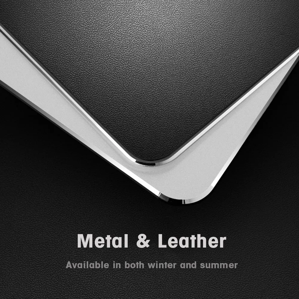 Aluminium alloy double-sided mouse pad in black with wrist support, 300x240mm size, flat on desk