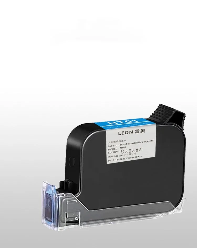 Portable handheld code-spraying machine SC18 inkjet printer with HT01 ink cartridge on industrial background
