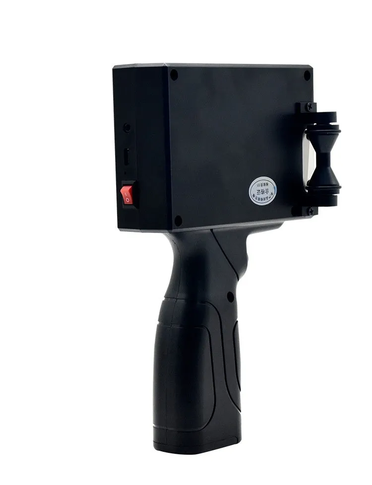 Portable handheld code-spraying machine SC18 inkjet printer with HT01 ink cartridge on industrial background