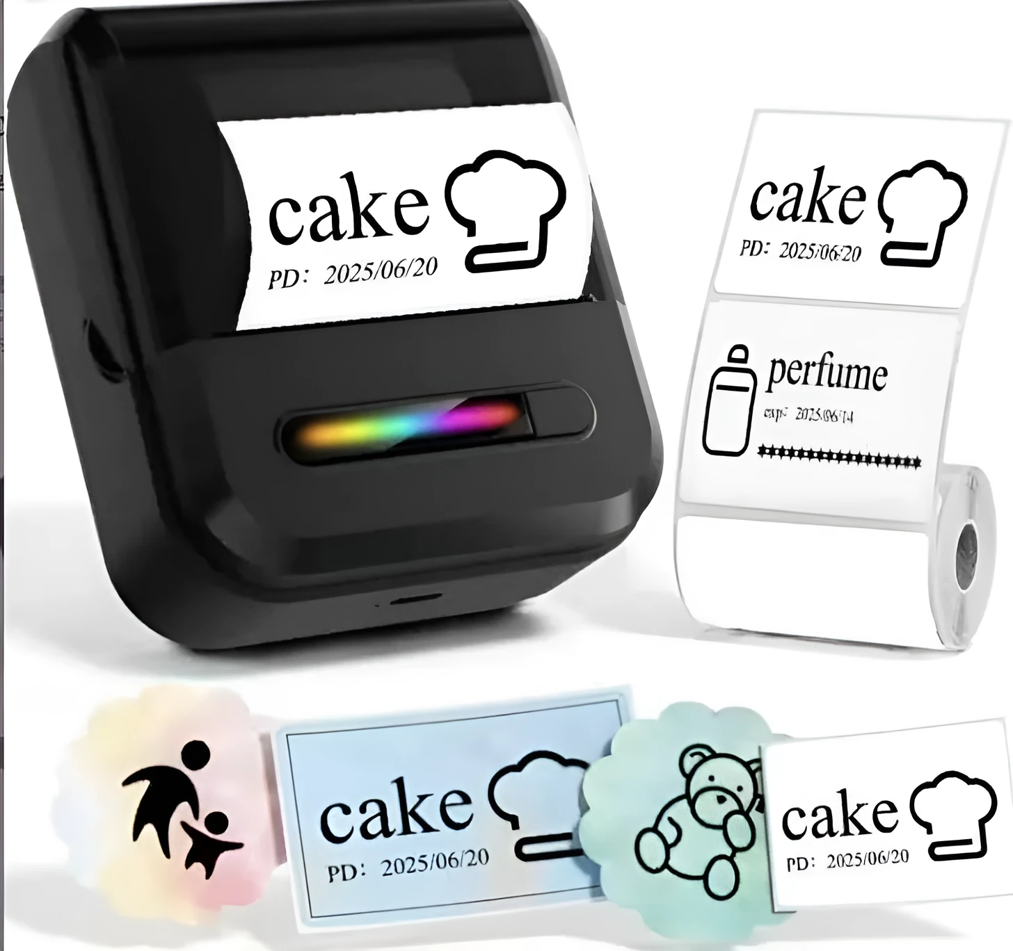 Compact portable wireless Bluetooth thermal printer for self-adhesive labels in Black on a desk