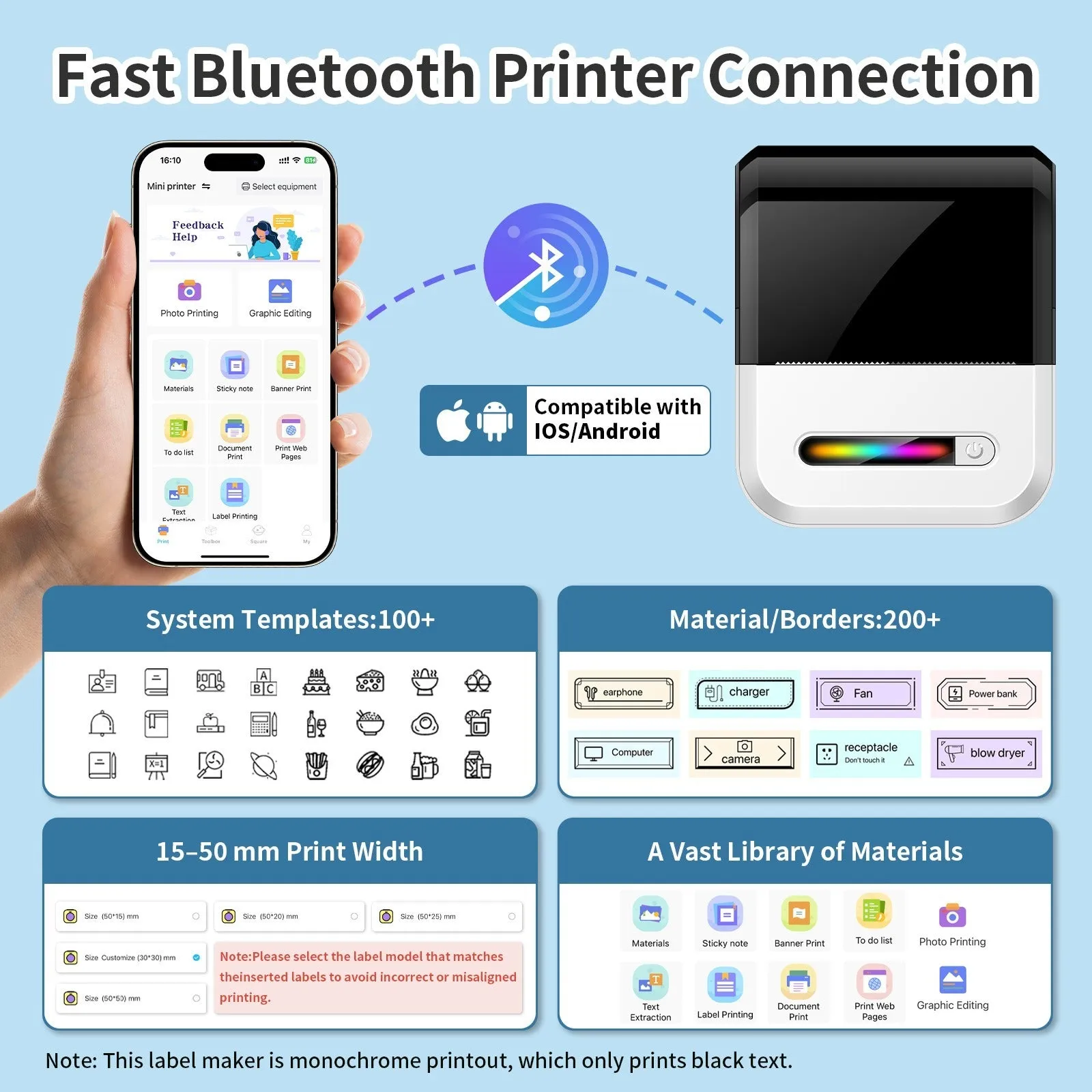 Compact portable wireless Bluetooth thermal printer for self-adhesive labels in Black on a desk
