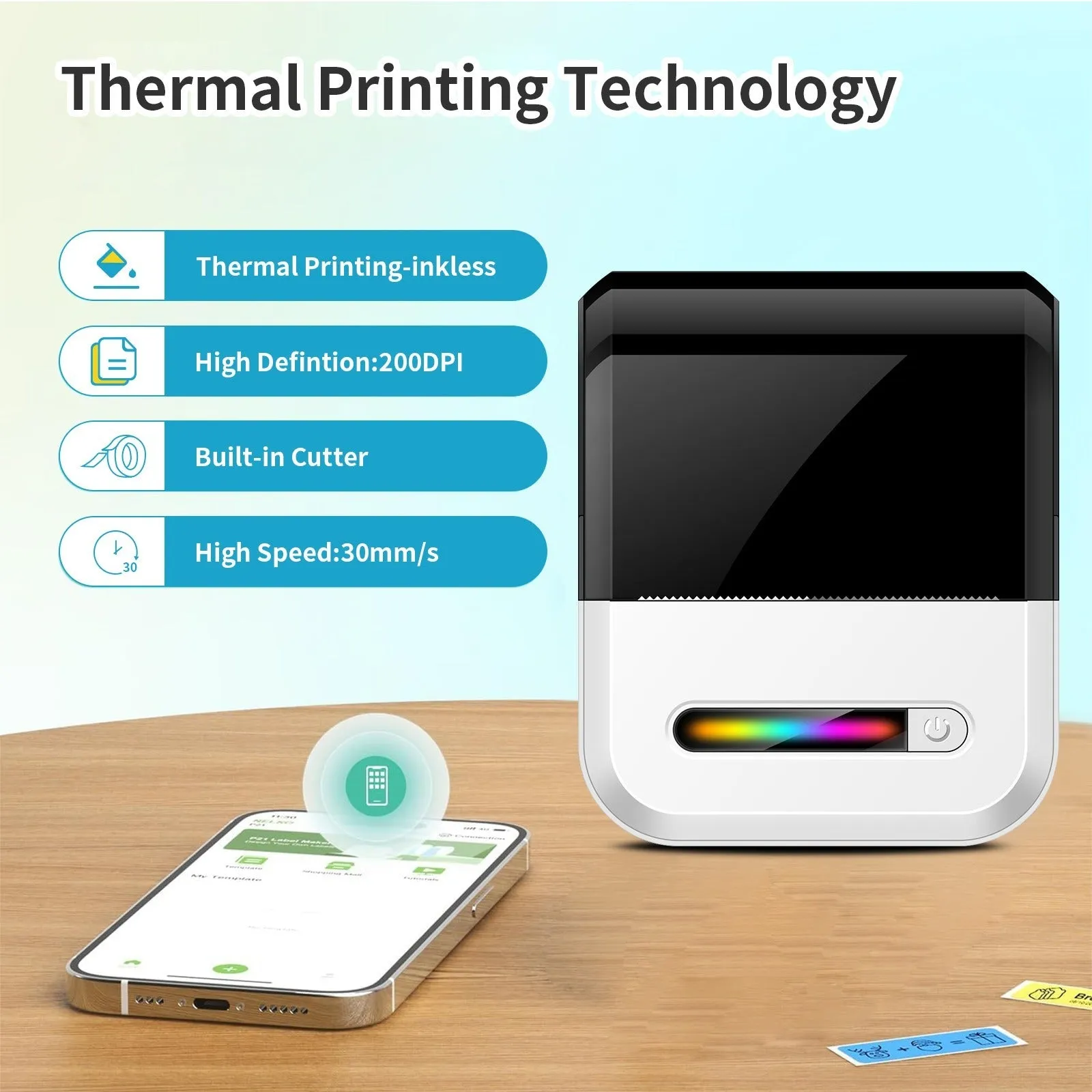 Compact portable wireless Bluetooth thermal printer for self-adhesive labels in Black on a desk