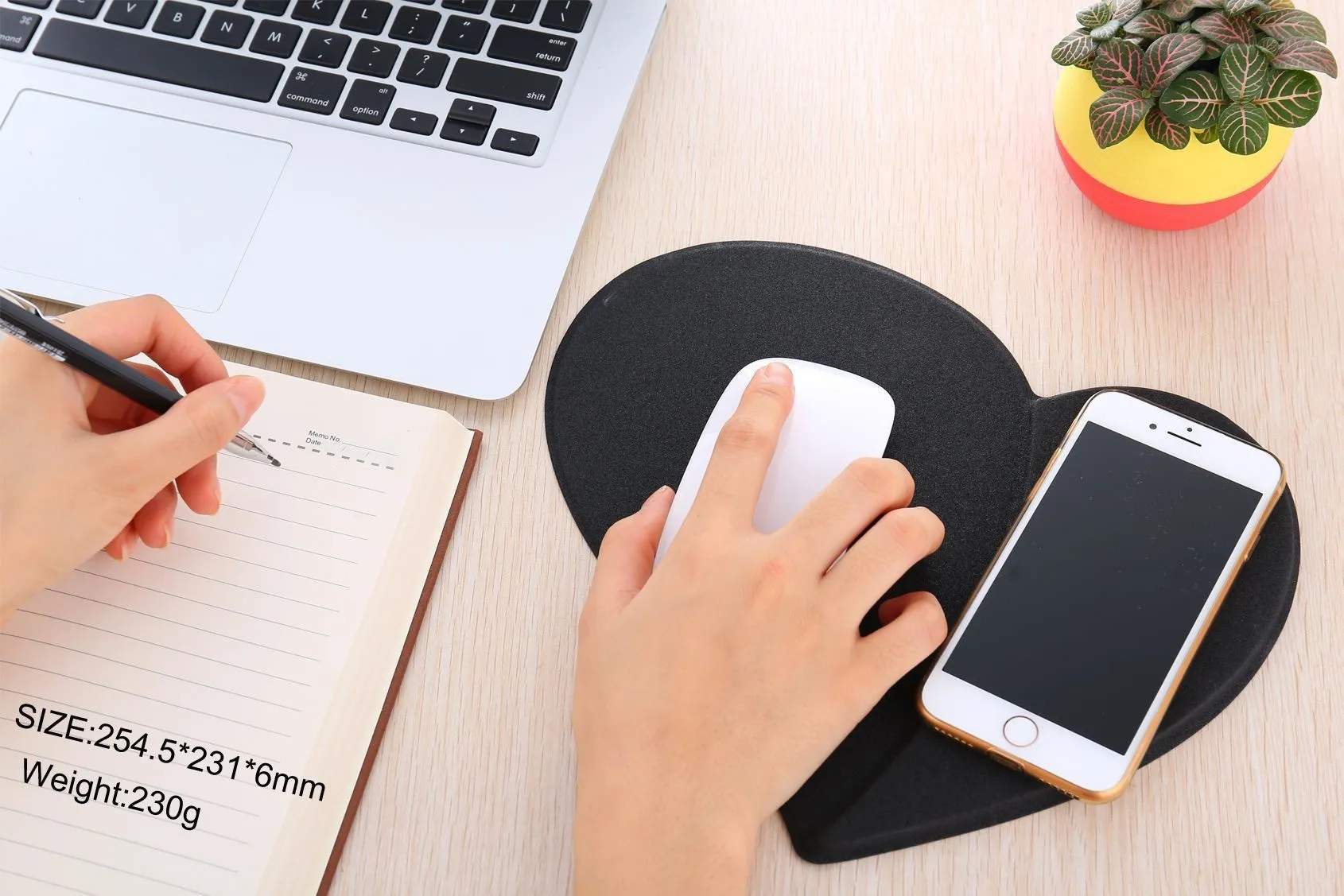 Heart shaped leather wireless charging mouse pad in black with USB cable