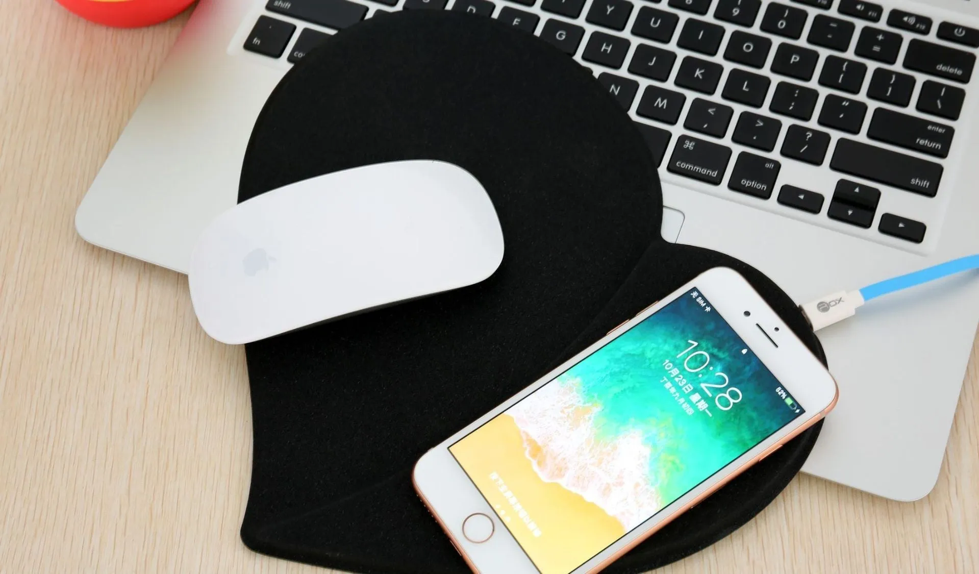 Heart shaped leather wireless charging mouse pad in black with USB cable