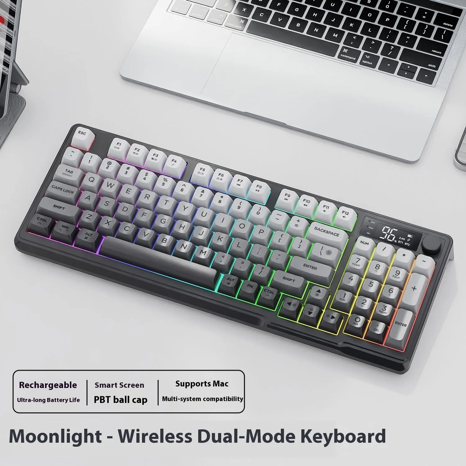 Wireless Bluetooth dual-mode keyboard with gradient belt in black and purple on desk