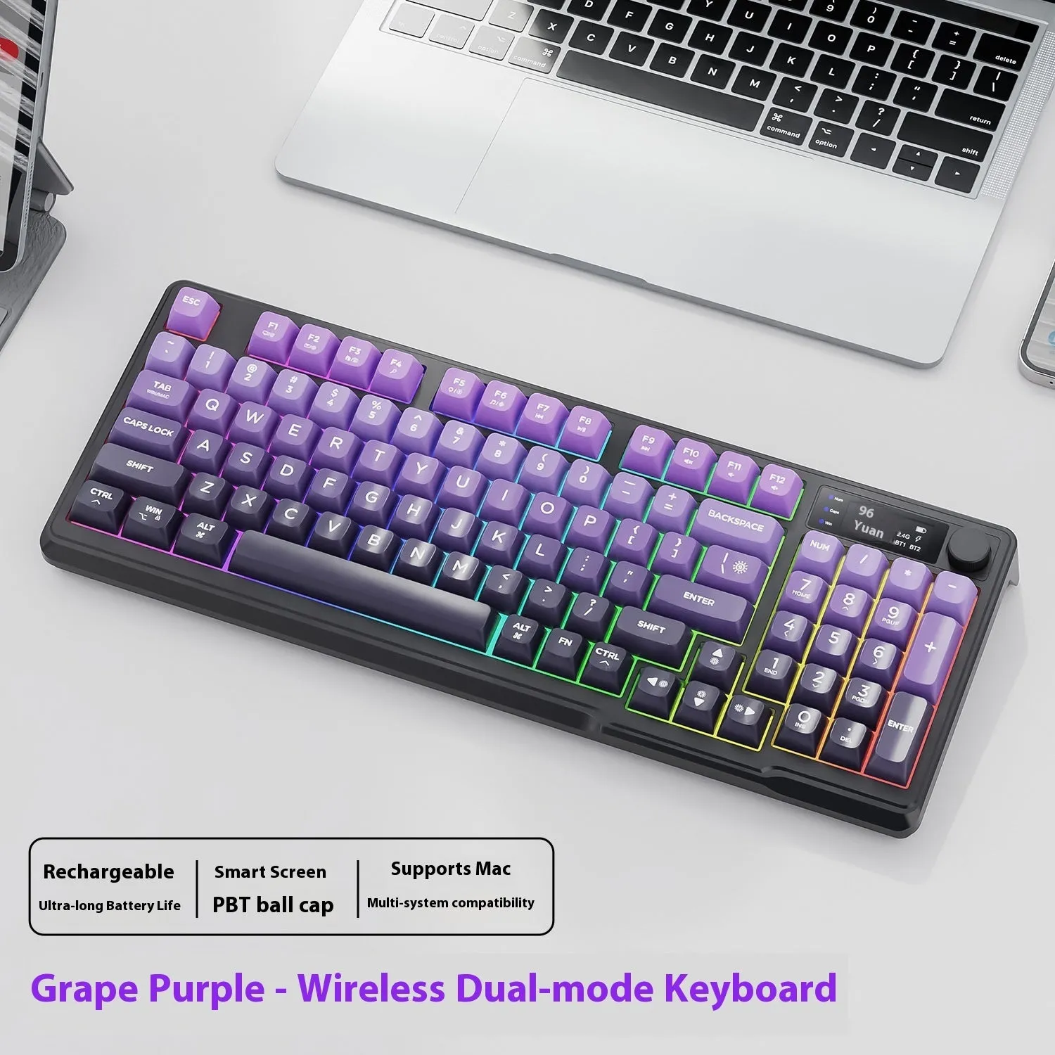 Wireless Bluetooth dual-mode keyboard with gradient belt in black and purple on desk