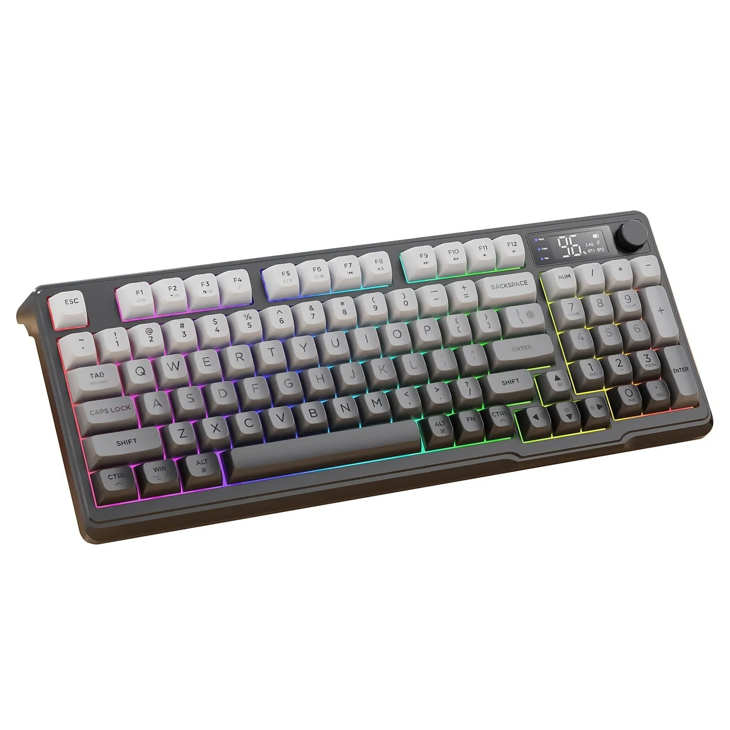 Wireless Bluetooth dual-mode keyboard with gradient belt in black and purple on desk