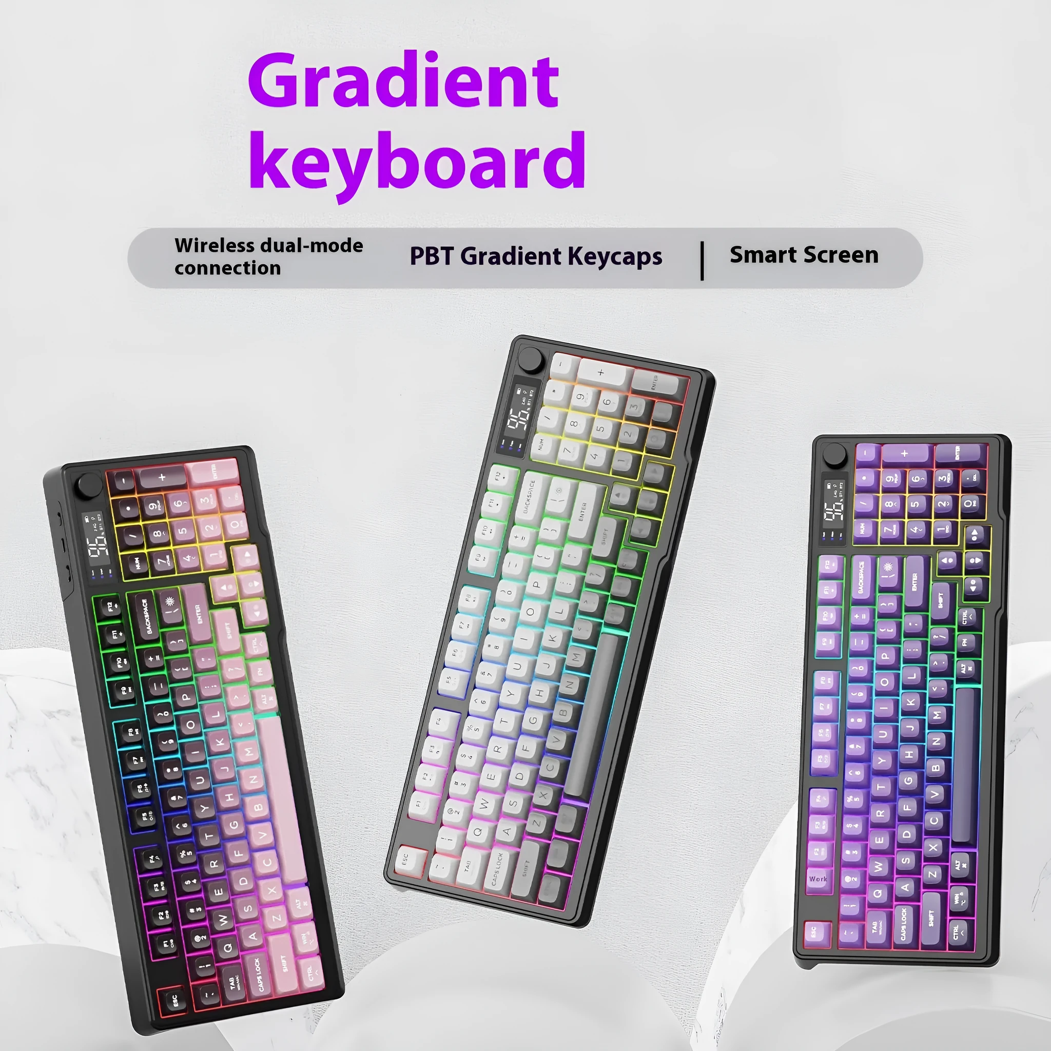 Wireless Bluetooth dual-mode keyboard with gradient belt in black and purple on desk
