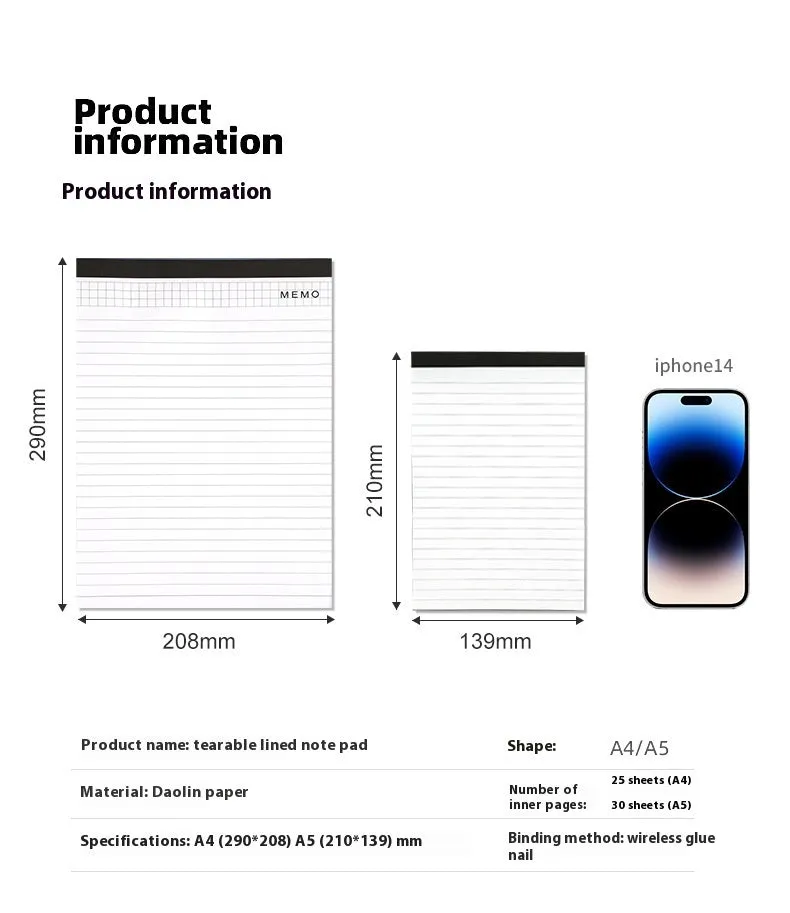 A4 paper cover notebook with grid-lined ivory pages and wireless adhesive binding.