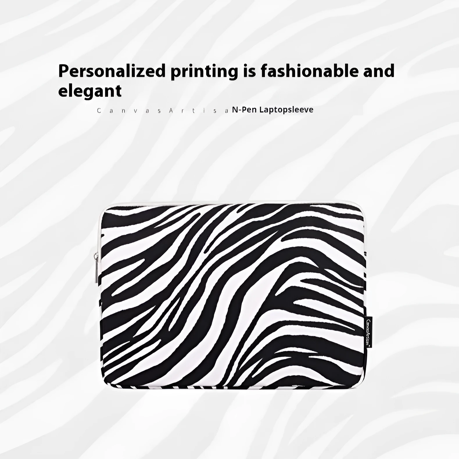 Zebra pattern polyester laptop protective sleeve in black and white, digital notebook cover
