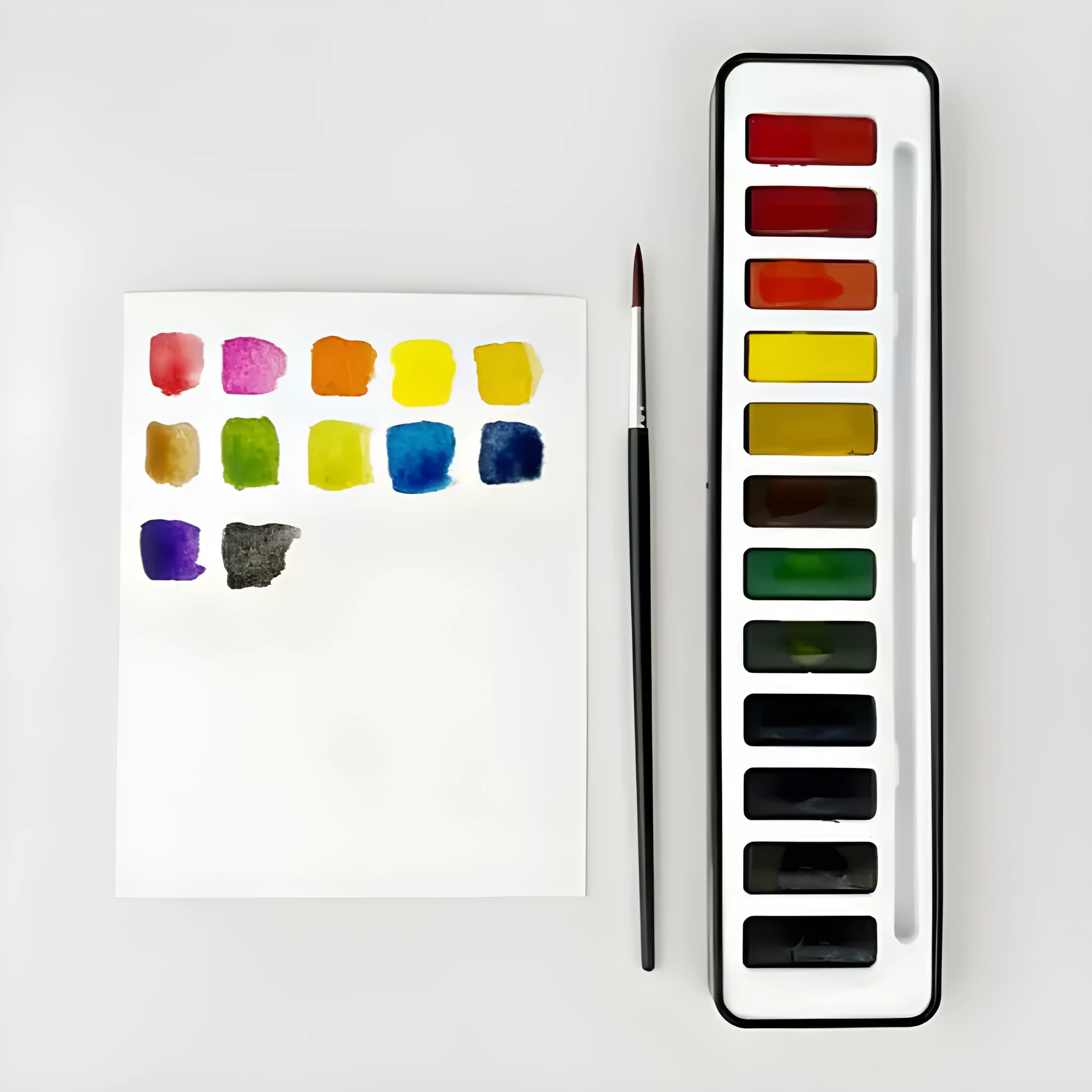Portable natural pigment paint box palette with twelve assorted colours in a compact case