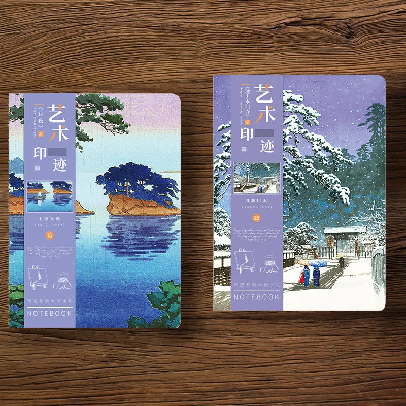 Ukiyo-e Series retro hand ledger notebook with art cover, open on a table.