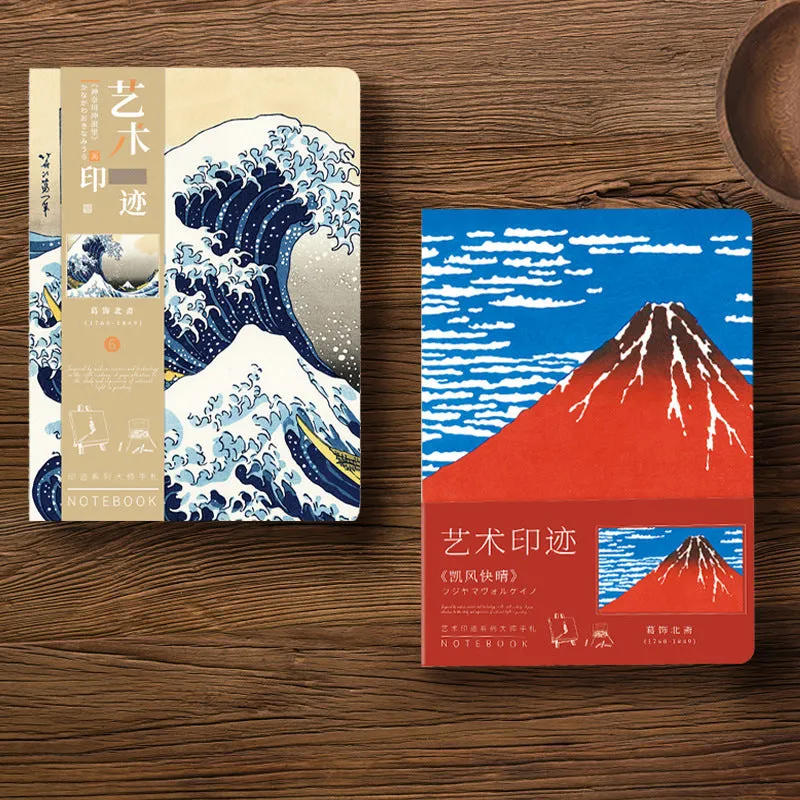 Ukiyo-e Series retro hand ledger notebook with art cover, open on a table.