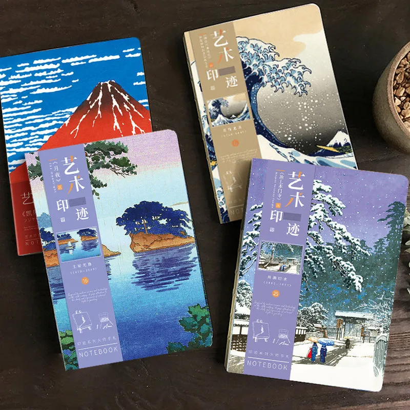 Ukiyo-e Series retro hand ledger notebook with art cover, open on a table.