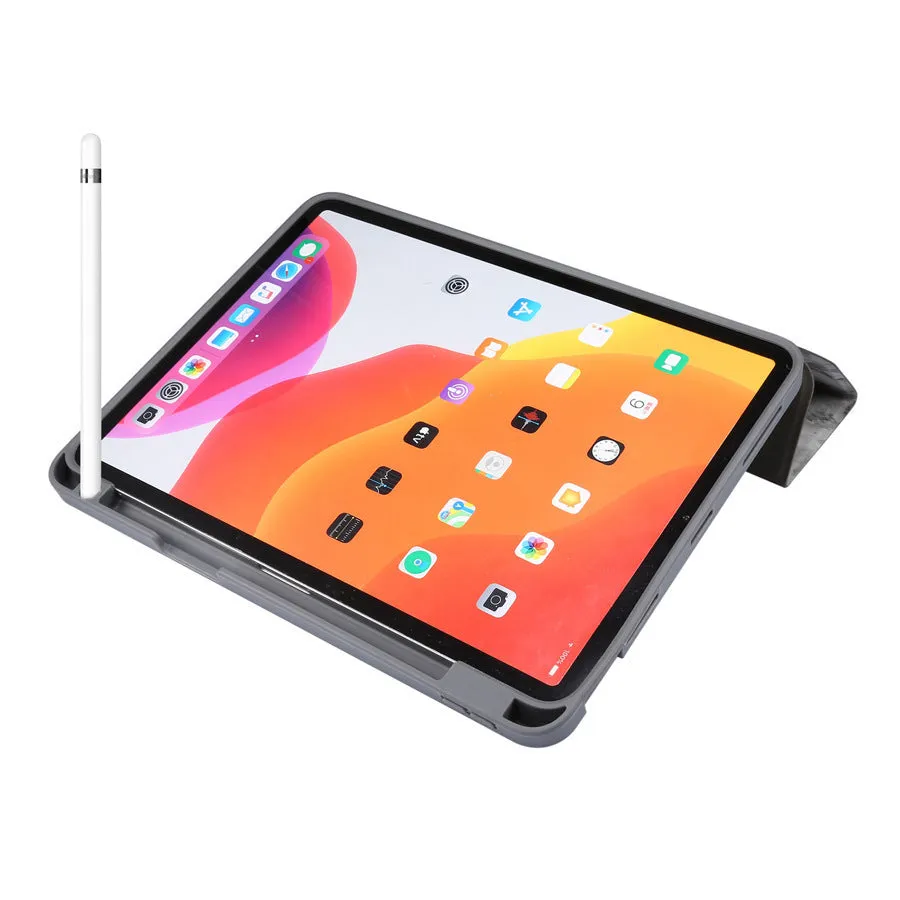 Tri-fold imitation leather iPad case in dark grey with a slot for an Apple Pencil.