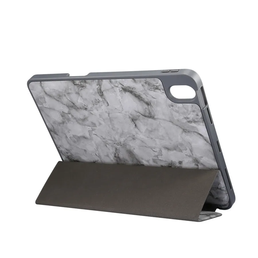 Tri-fold imitation leather iPad case in dark grey with a slot for an Apple Pencil.