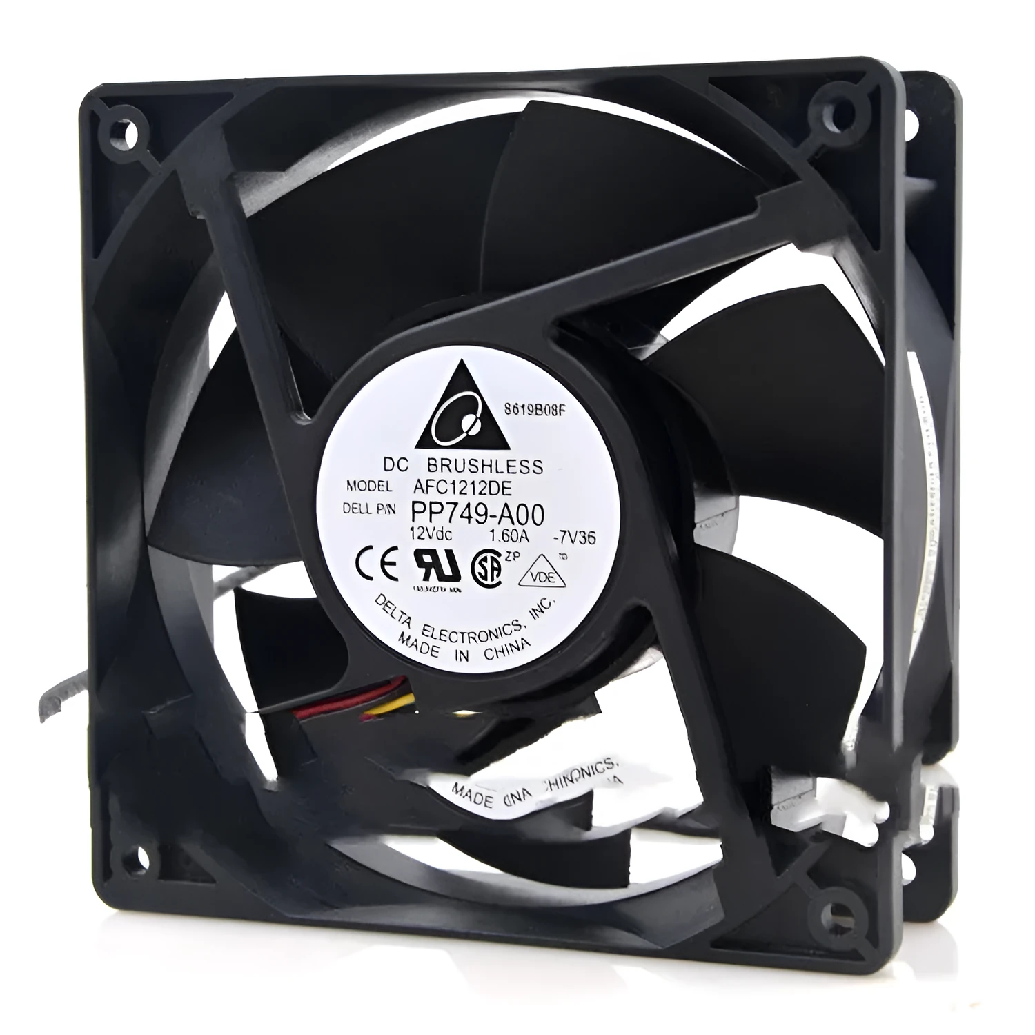 Delta AFC1212DE 12038 12V 1.6A PWM cooling fan with black frame and four-wire cable