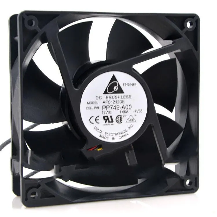 Delta AFC1212DE 12038 12V 1.6A PWM cooling fan with black frame and four-wire cable